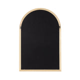 Arched wood-framed wall mirror back panel in natural light wood with black fabric center and metal hanging hardware on both sides.