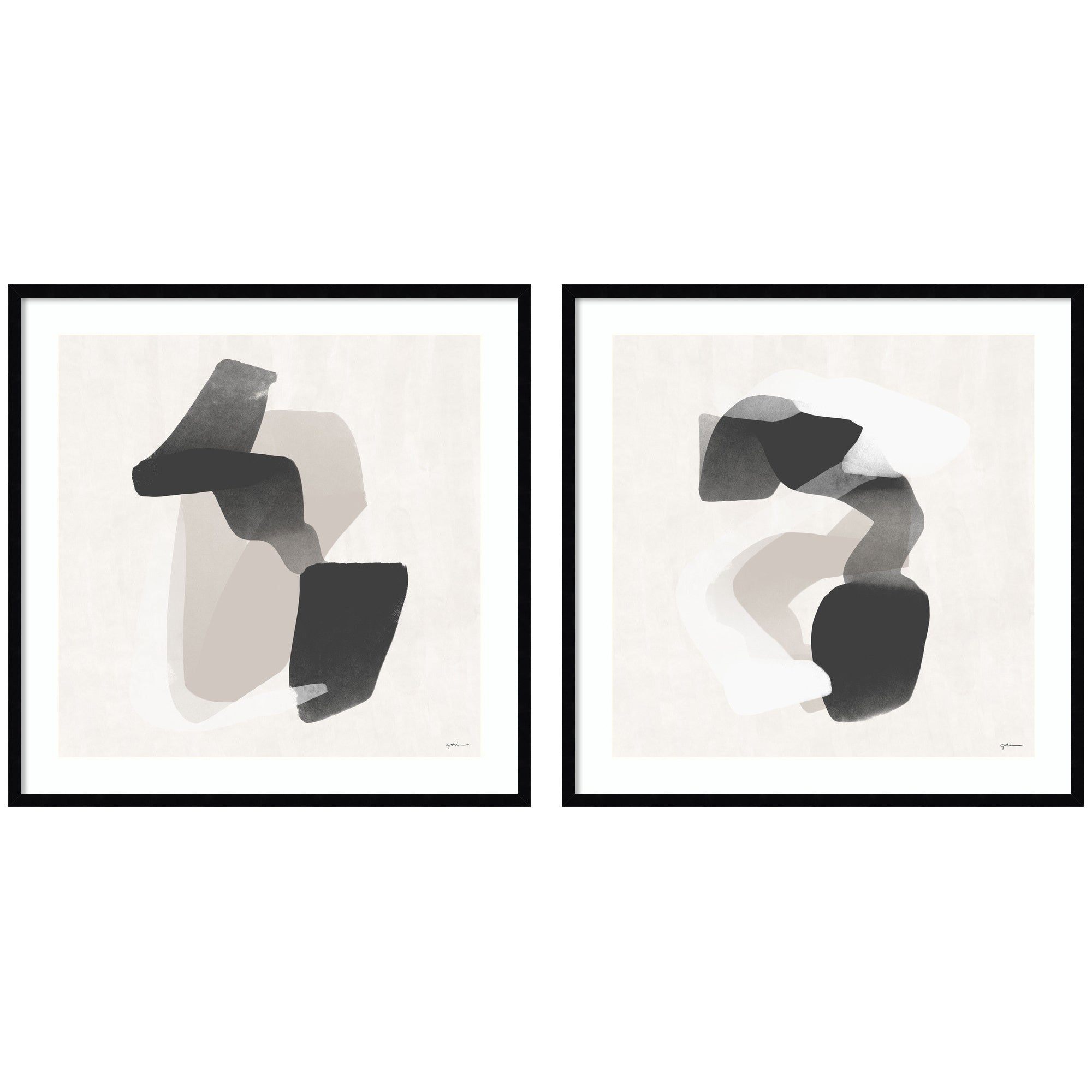 Abstract Neutral 01 & 02 framed wall art prints in neutral tones by Gabrielly Guedes displayed on a wall