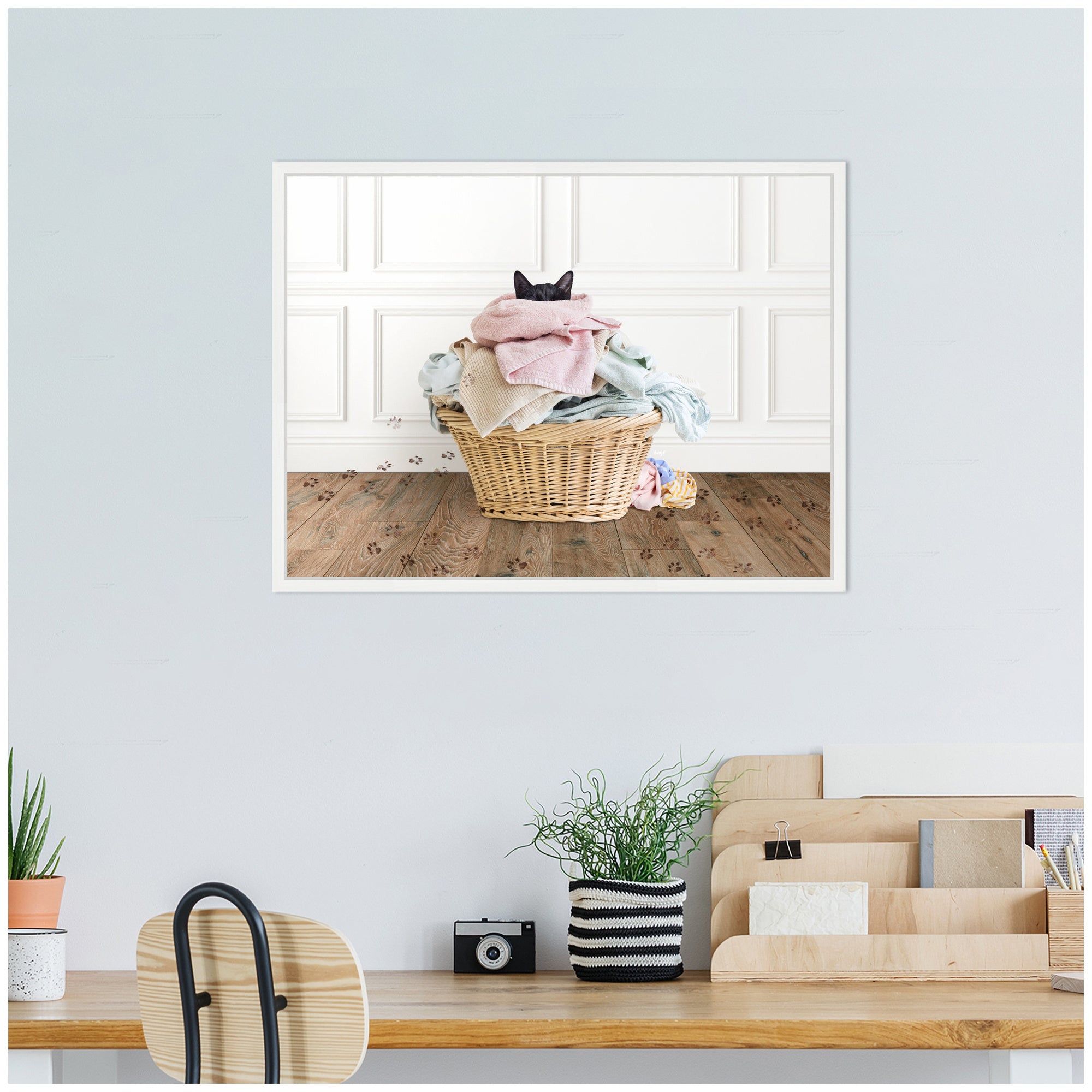 Sylvie Cat in a Basket Traditional Laundry Framed Canvas by Amy Peterson