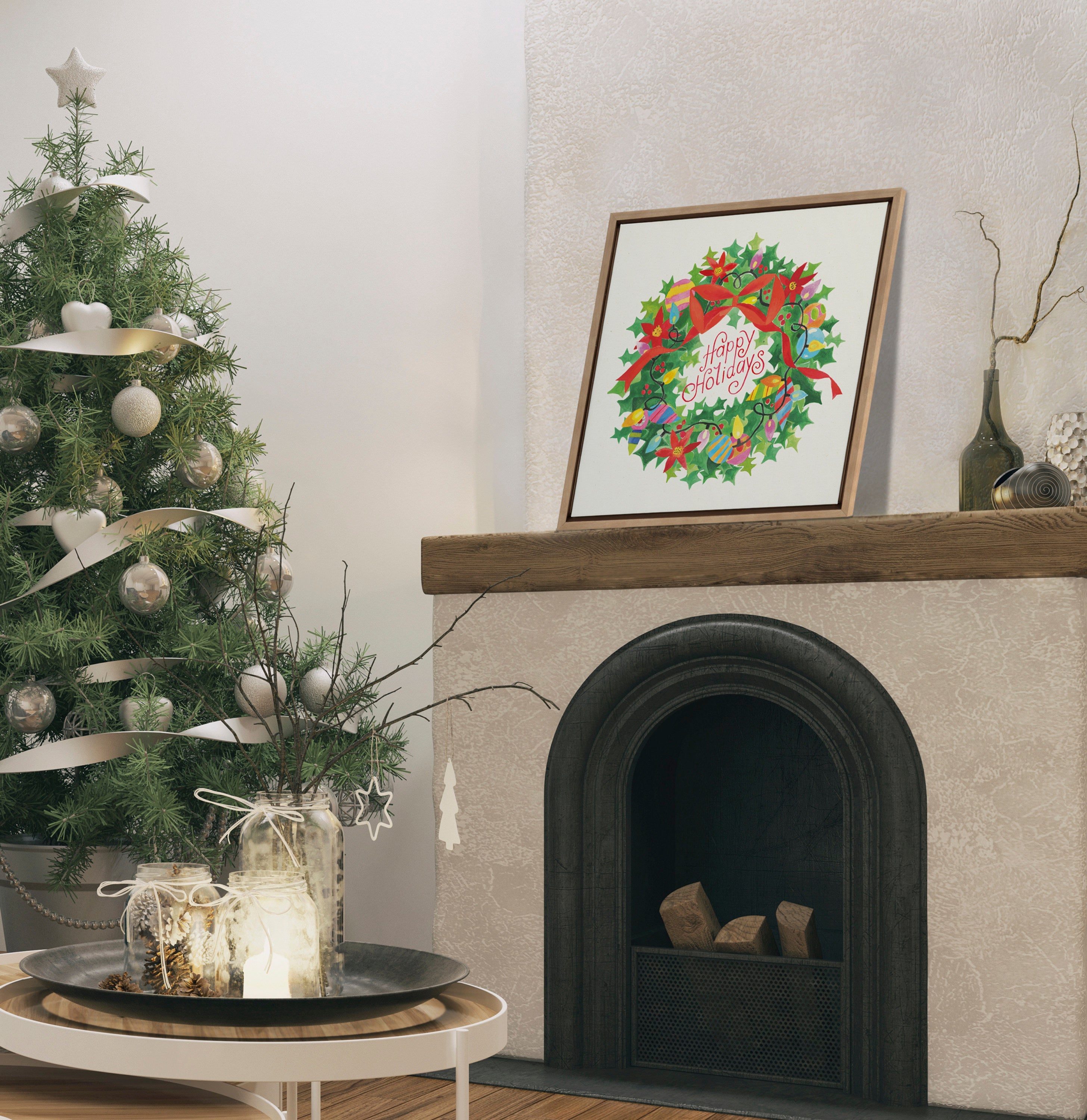 Sylvie Xmas Wreath Happy Holidays Framed Canvas by Shannon Snow