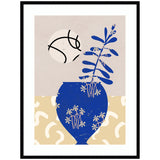 Blue illustrated vase with white floral designs holding a leafy branch, set against beige background with abstract white shapes and a white circle with black lines above.