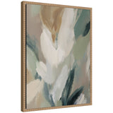 Abstract botanical painting with broad, soft brushstrokes in muted tones of beige, white, green, and blue within a light wood frame with bead detailing.