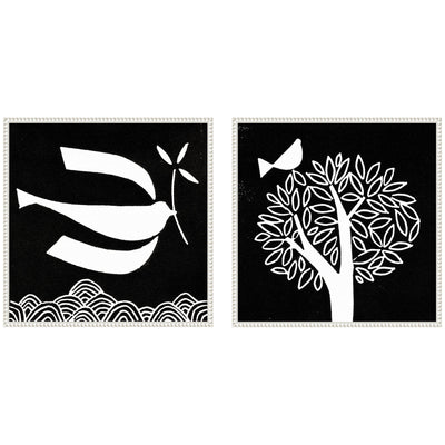 Sylvie Beaded Black and White Linocut Birds framed canvas art set showing two monochrome bird prints in beaded black frames