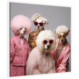Four poodles dressed in vintage-inspired clothing and wearing colorful sunglasses against a plain gray backdrop.