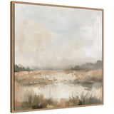 Framed canvas featuring a muted abstract landscape with soft beige, gray, and brown tones blending into a misty horizon and reflective water.