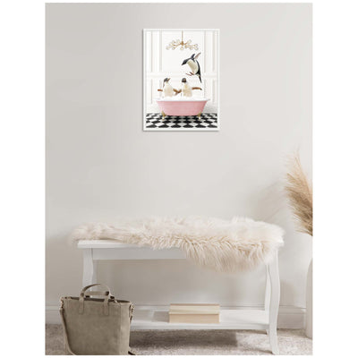 Sylvie Penguins in Pink Bathtub on Checker Floor Framed Canvas by Amy Peterson