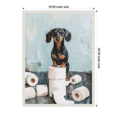 Sylvie Cute Dachshund Dog Toilet Paper Rolls Blue Teal Bathroom Art Framed Canvas