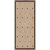 Rectangular pinboard with beige fabric featuring a repetitive small red botanical block print pattern, framed by a thin dark brown wooden border.