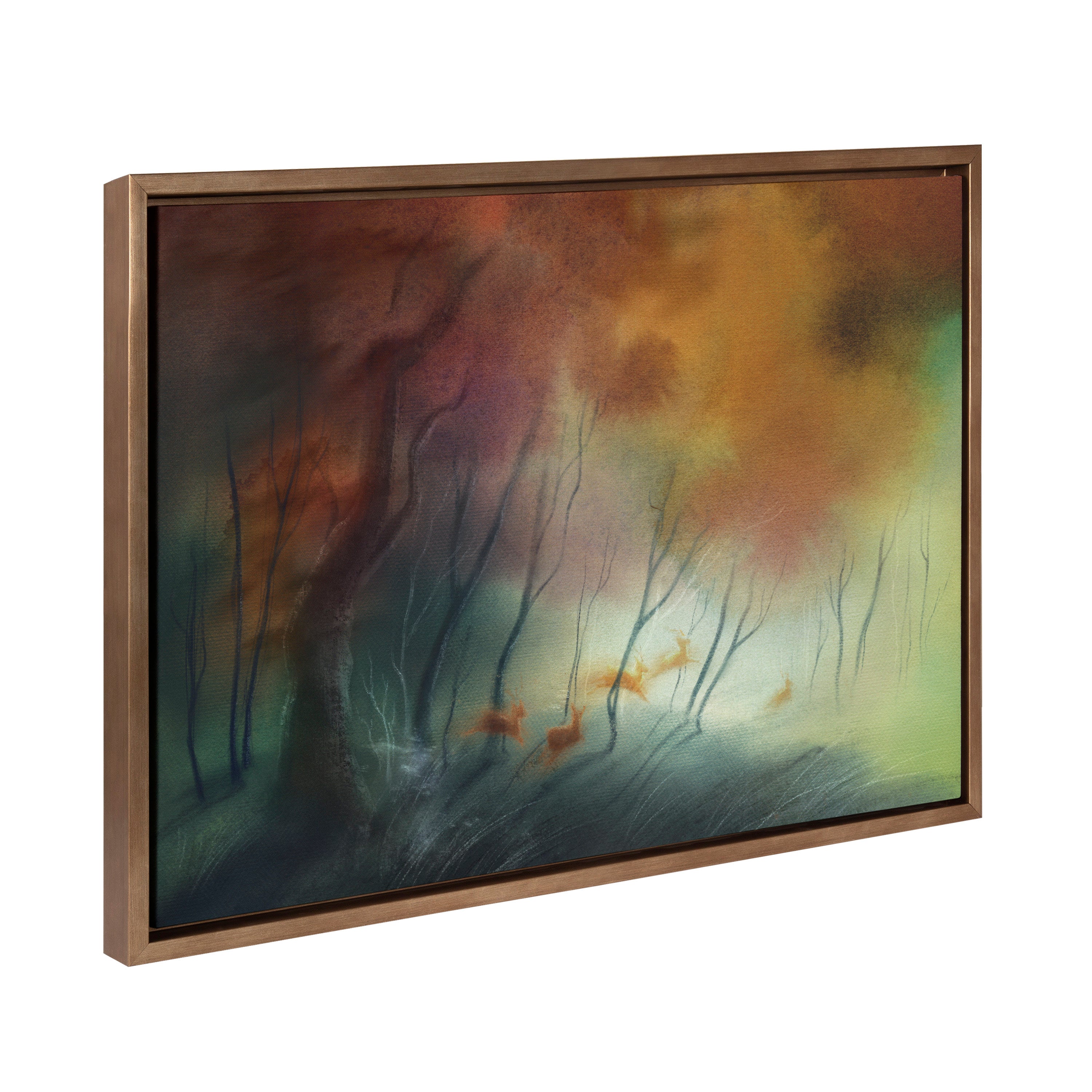 Framed canvas art 'Sylvie Waltz of the Stags' by Faryn Hughes featuring stags in motion with a gold frame