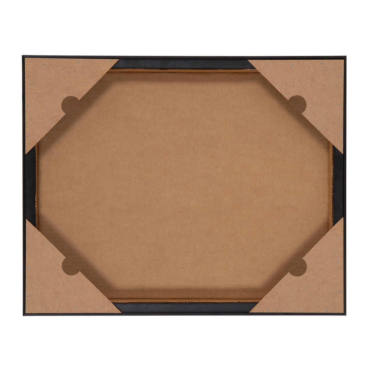 Back view of a black rectangular frame with brown cardboard corner protectors on a flat white background.