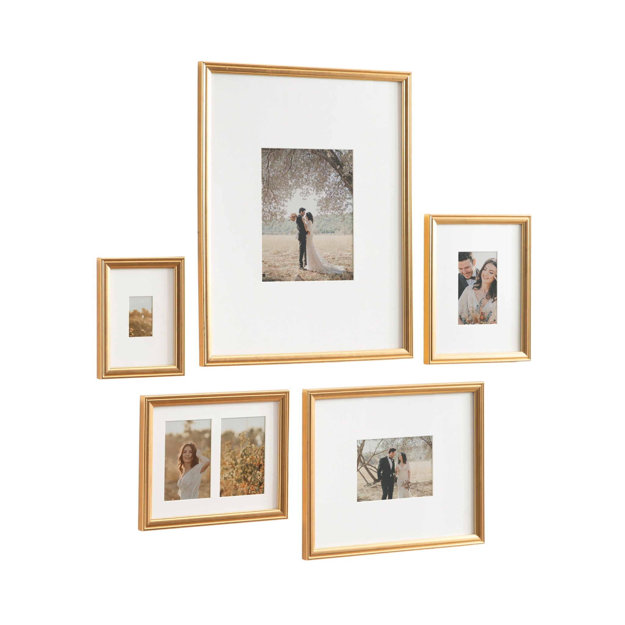 Adlynn 5 Piece Wall Picture Frame Set displayed on a wall in gold finish, showing multiple framed photos arranged cohesively.
