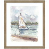 Watercolor painting of a small sailboat with beige sails on calm water beneath a cloudy sky, framed in light wood with trees in the background.