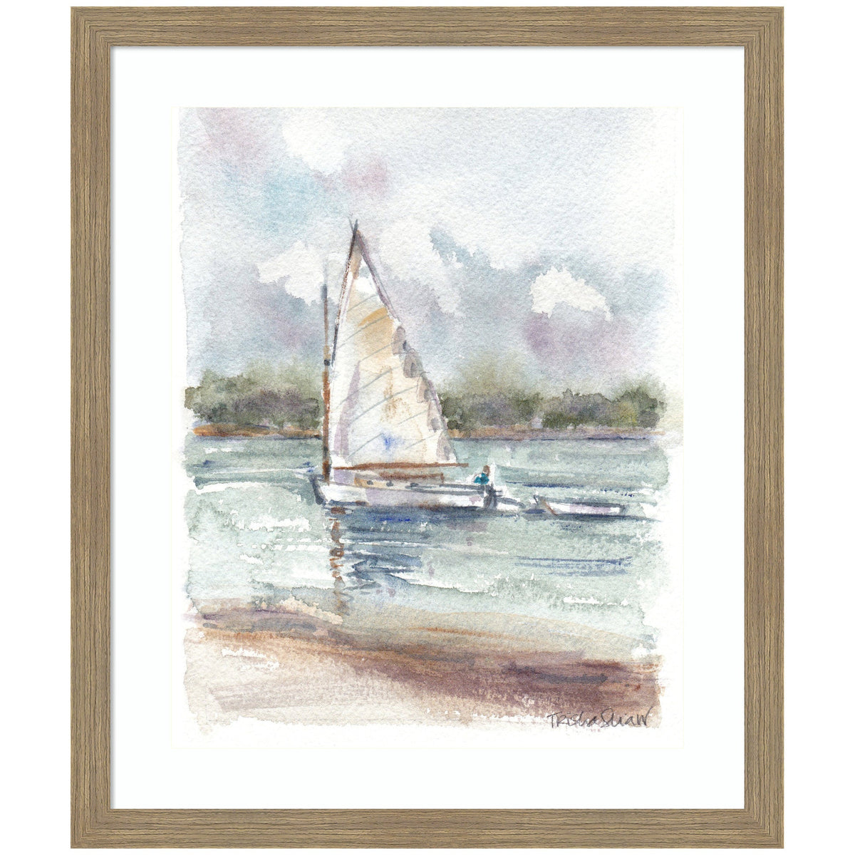 Watercolor painting of a small sailboat with beige sails on calm water beneath a cloudy sky, framed in light wood with trees in the background.