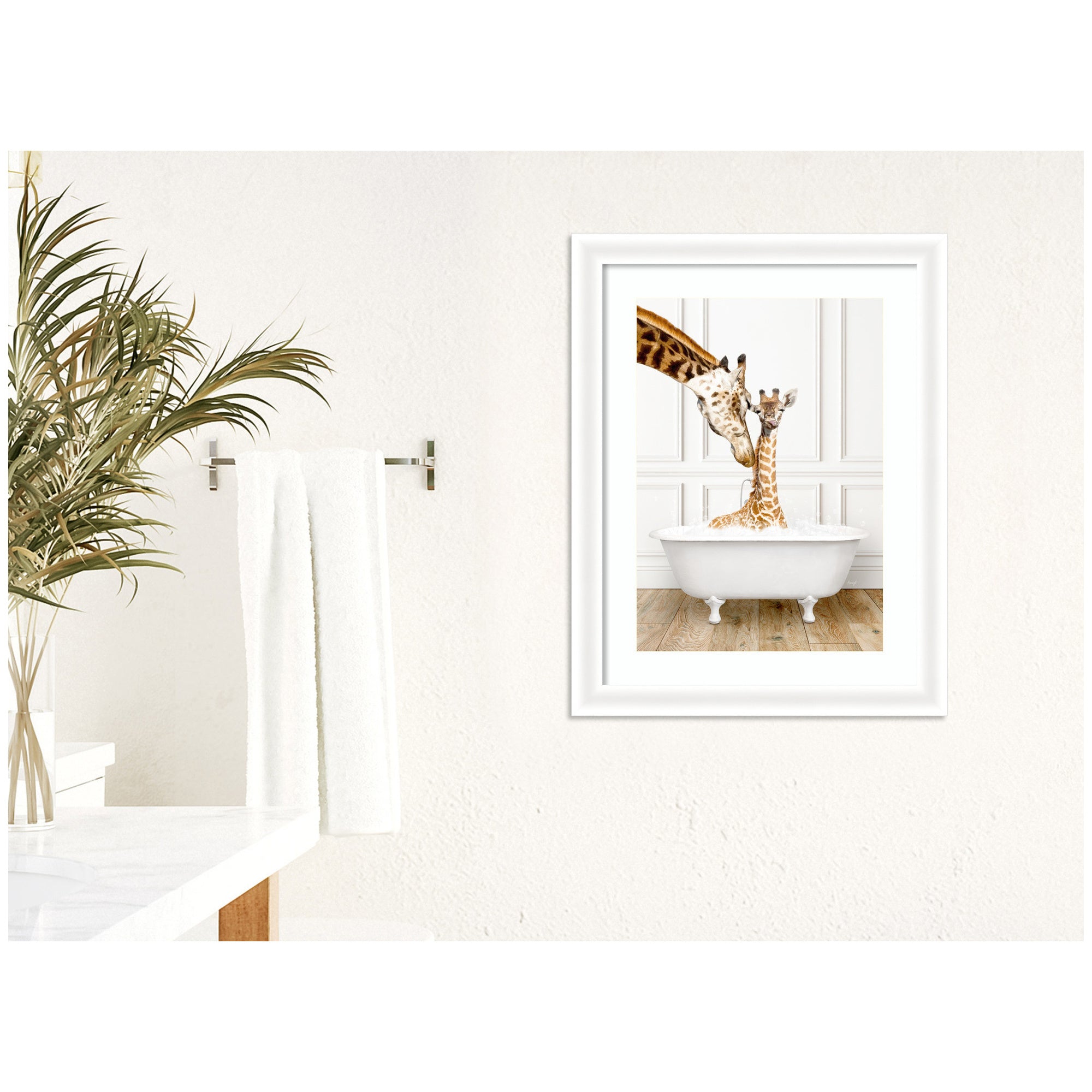 Mother and Baby Giraffe in Traditional Vintage Bathtub by Amy Peterson Framed Wall Art Print