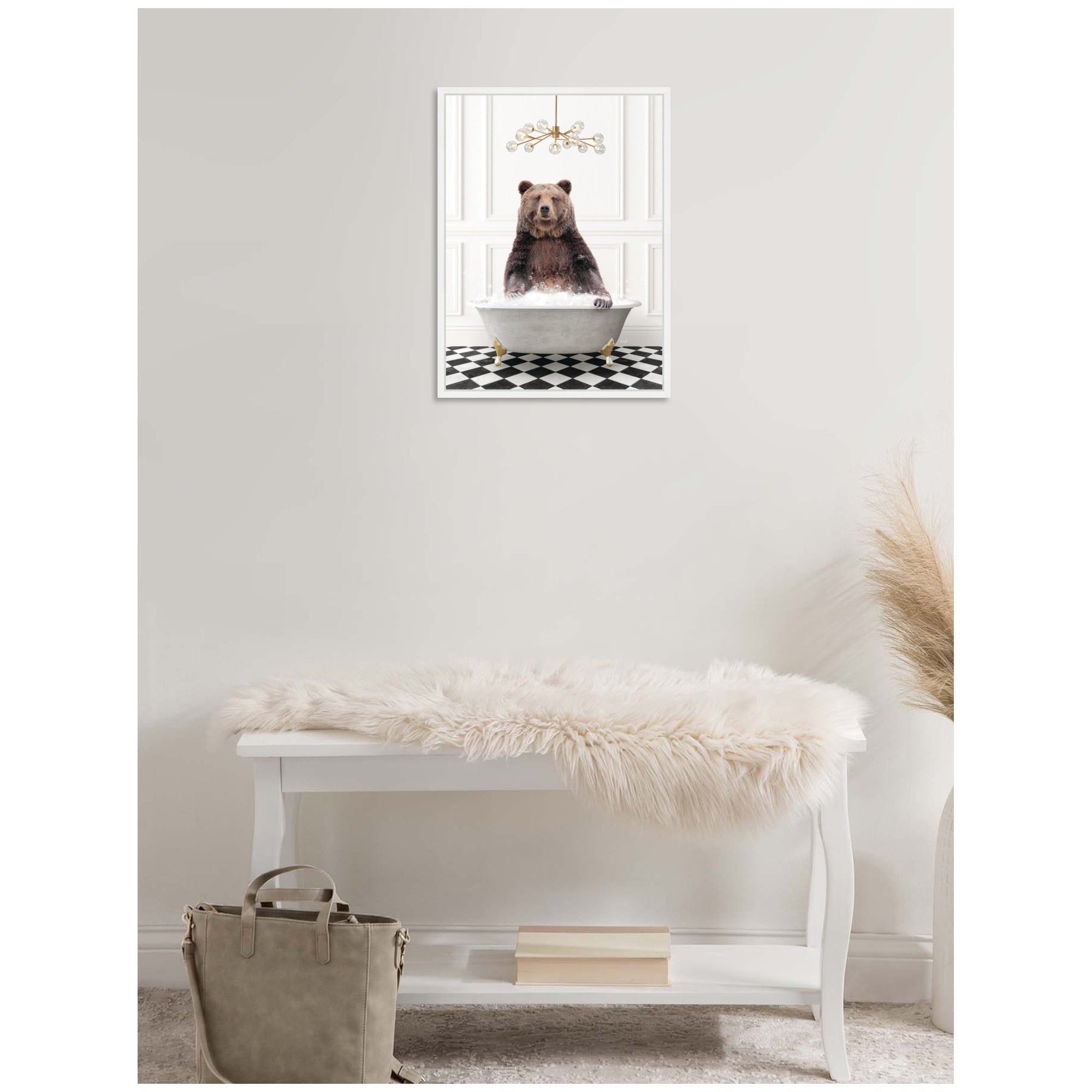 Sylvie Bear in Gray Bathtub on Checker Floor Framed Canvas by Amy Peterson
