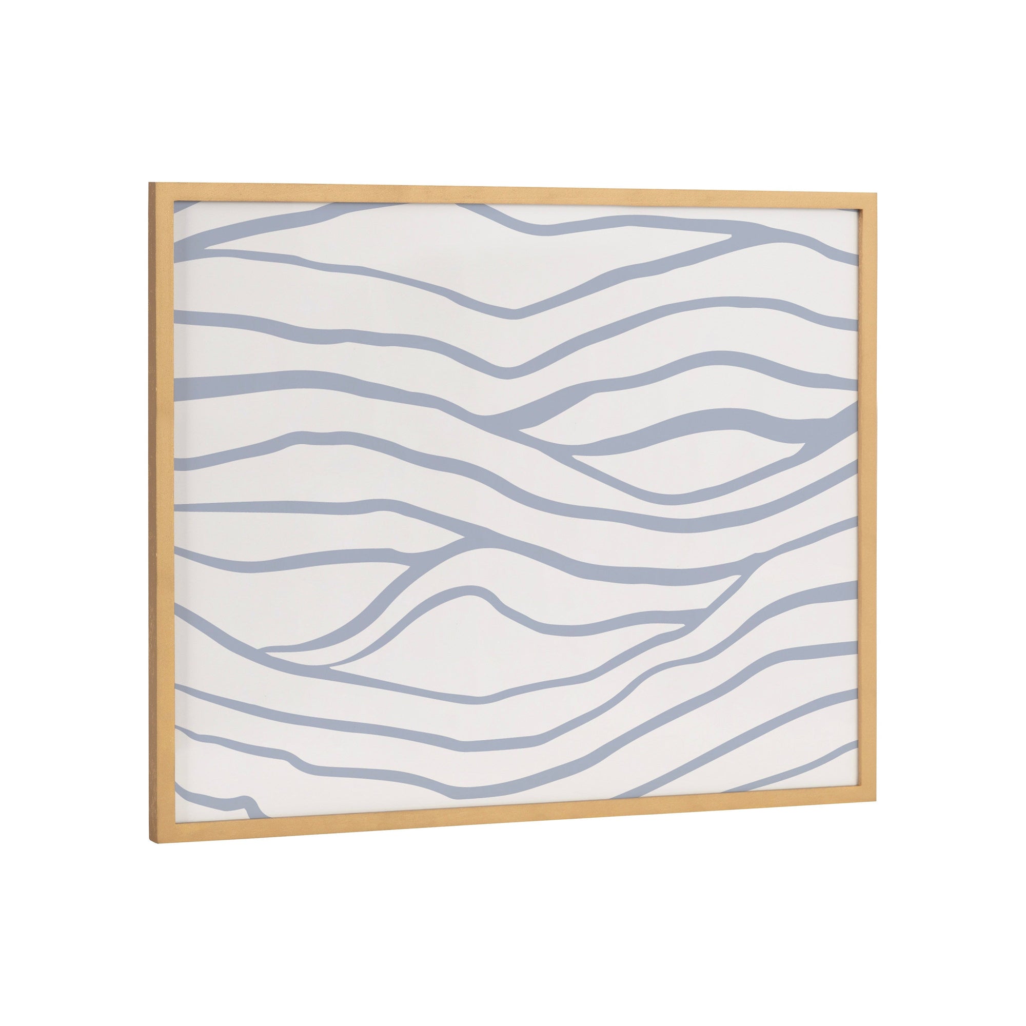 Framed abstract coastal waves print in gold gallery frame on a wall