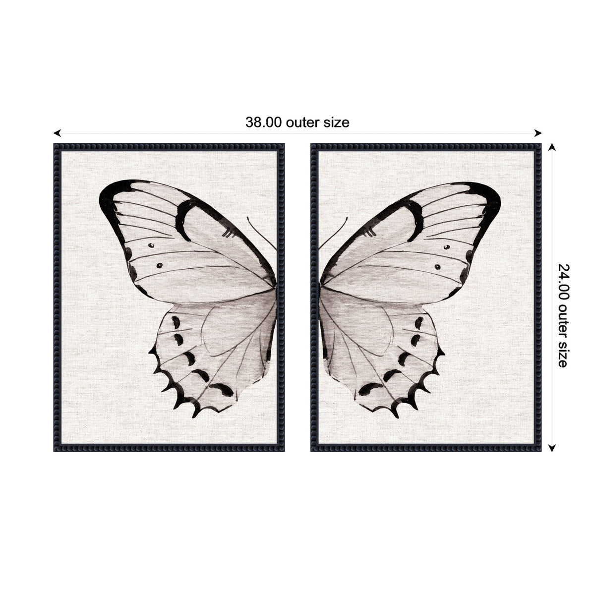 Two framed canvases side by side, each showing one half of a minimalist black and white butterfly wing on a textured neutral linen background, composing a full butterfly when joined.