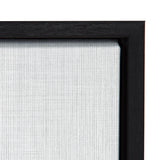 Close-up of white textured canvas corner with a black wooden frame, showing fine linen weave detail and clean mitered joint.