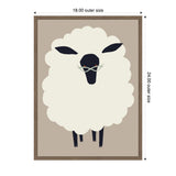Illustration of a fluffy white sheep with a black face and legs wearing green glasses on a beige background, framed with wood, measured 18 by 24 inches.