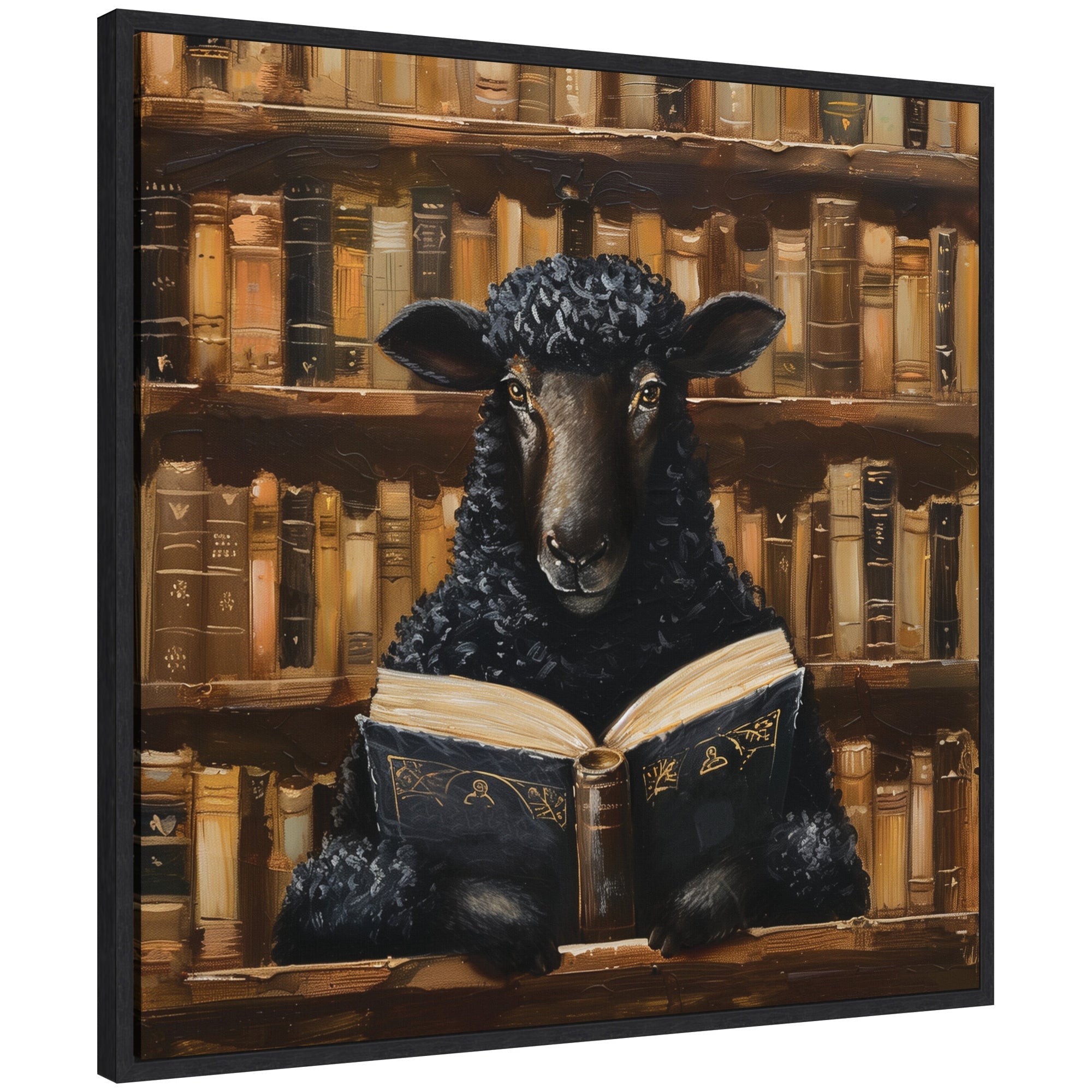 Framed canvas print showing a black sheep reading a book in a vintage library setting