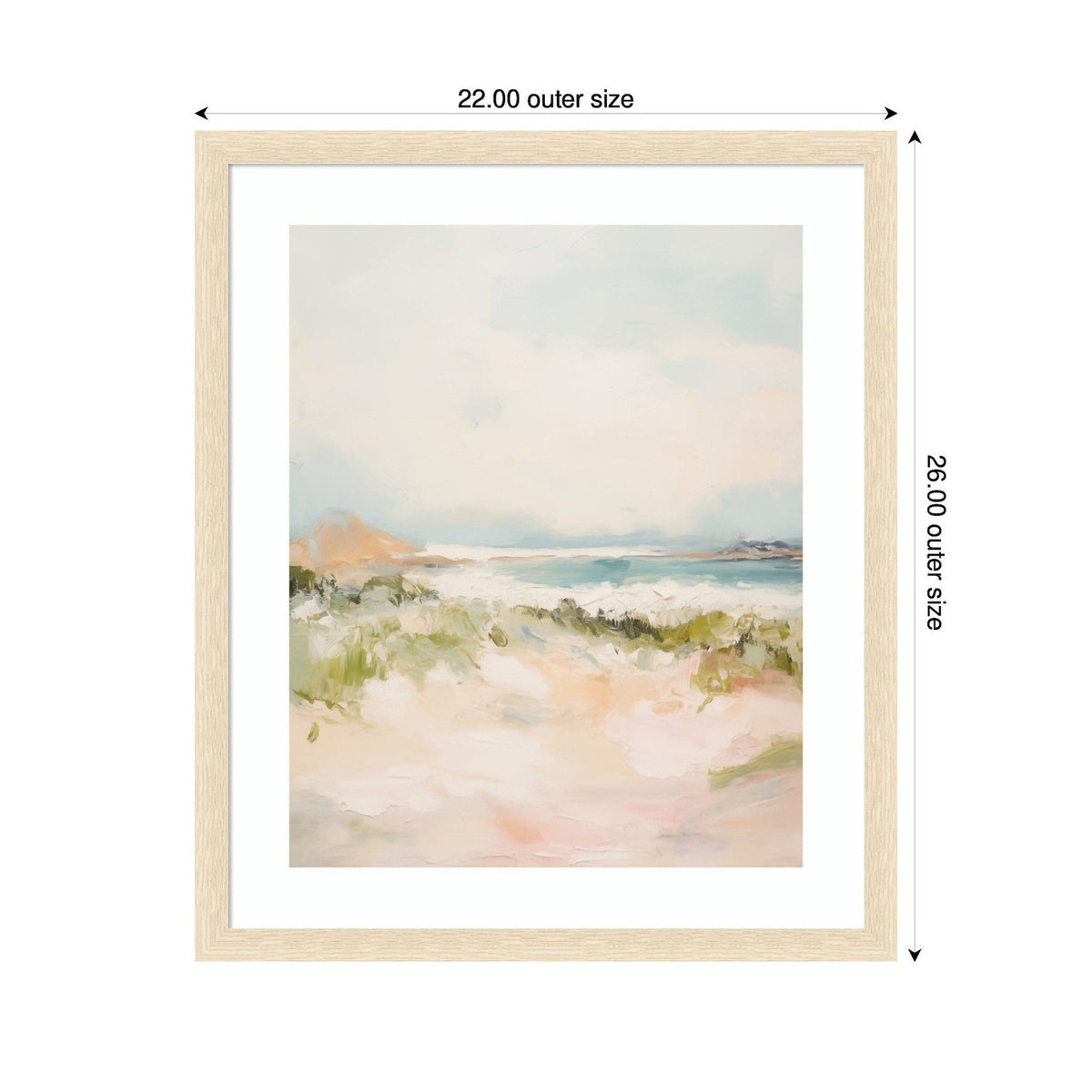 Softly blurred coastal landscape painting with sandy foreground, muted green foliage, pale blue sky, and distant brown and blue hills framed in light wood.