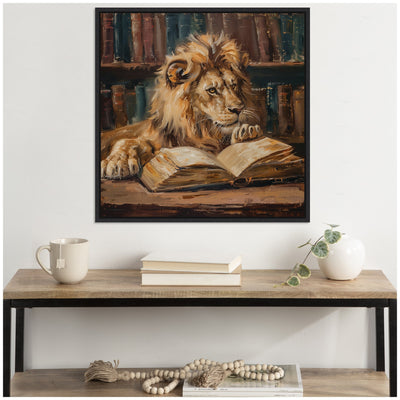 Sylvie Traditional Lion Reading in Library Framed Canvas by The Creative Bunch Studio