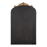 Arched mirror with a dark frame and ornamental gold crest at the top center against a white background.