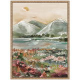Framed painting of misty green mountains with snow-capped peaks above a reflective lake, foreground filled with abstract flowers in pink, orange, and green hues.