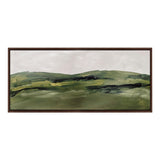 Horizontal canvas painting of rolling green hills under a soft gray sky, featuring broad brushstrokes and subtle dark green and yellow highlights, framed in thin dark wood.