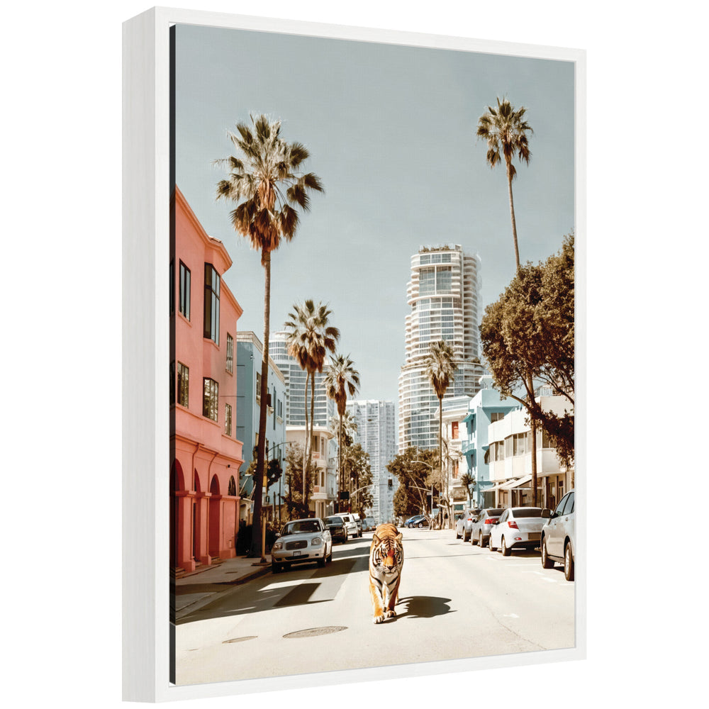 Framed canvas art showing California tiger roaming through Palm Springs by Michael Schauer