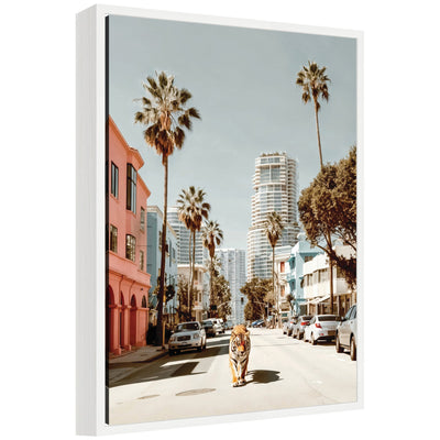 Framed canvas art showing California tiger roaming through Palm Springs by Michael Schauer