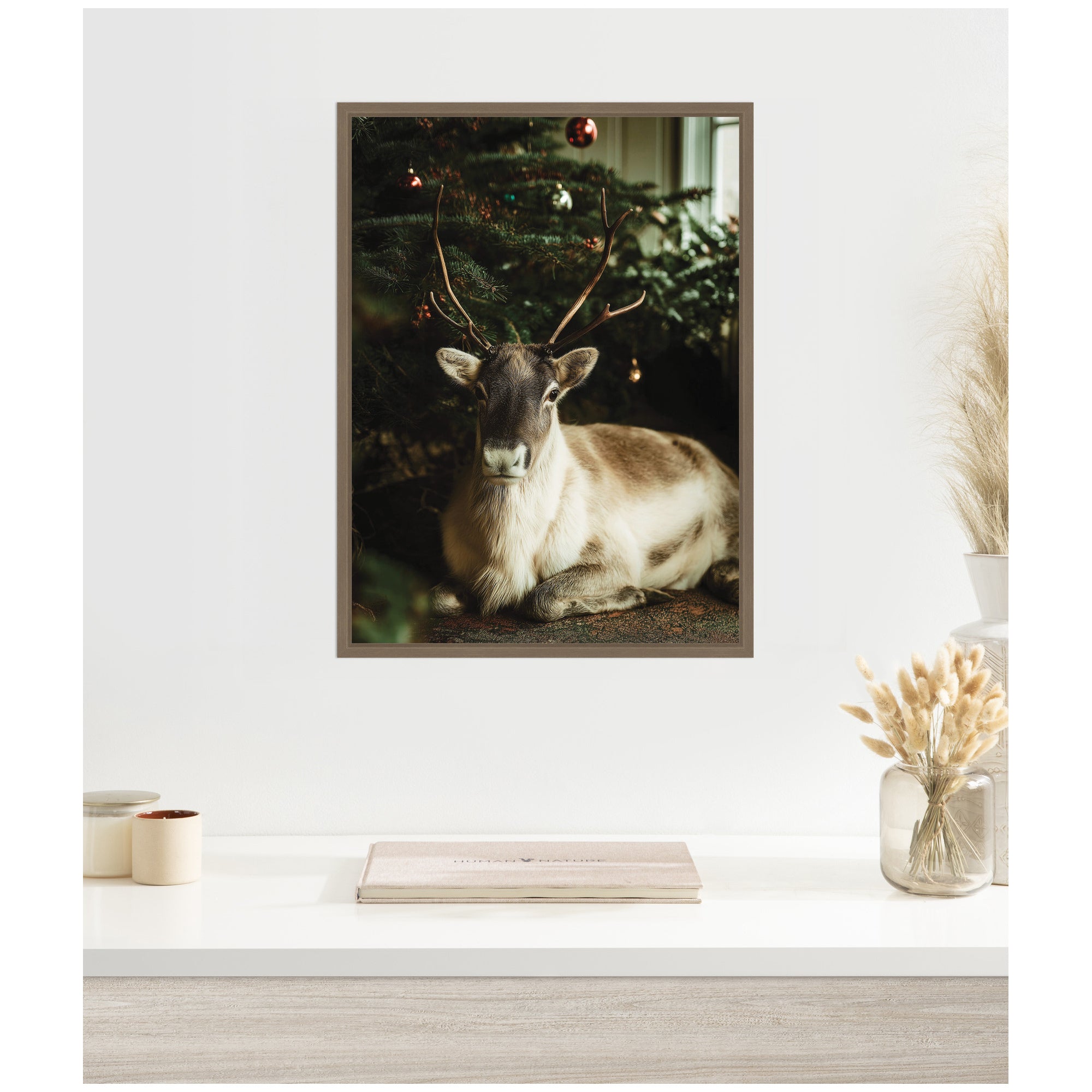 Sylvie Framed Canvas Reindeer Sitting Under a Christmas Tree by Michael Schauer