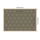Rectangular green botanical block print with small white leaf motifs evenly spaced, framed by a natural wood border, dimensions labeled as 38x26 outer size.