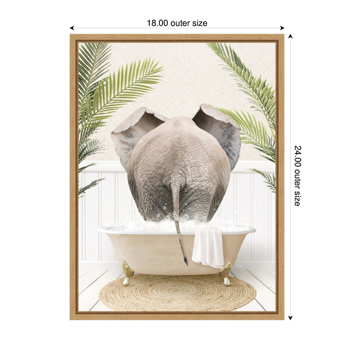 Rear view of a gray elephant standing in a cream-colored clawfoot bathtub surrounded by green palm leaves and white paneled walls, with a beige woven rug underneath.