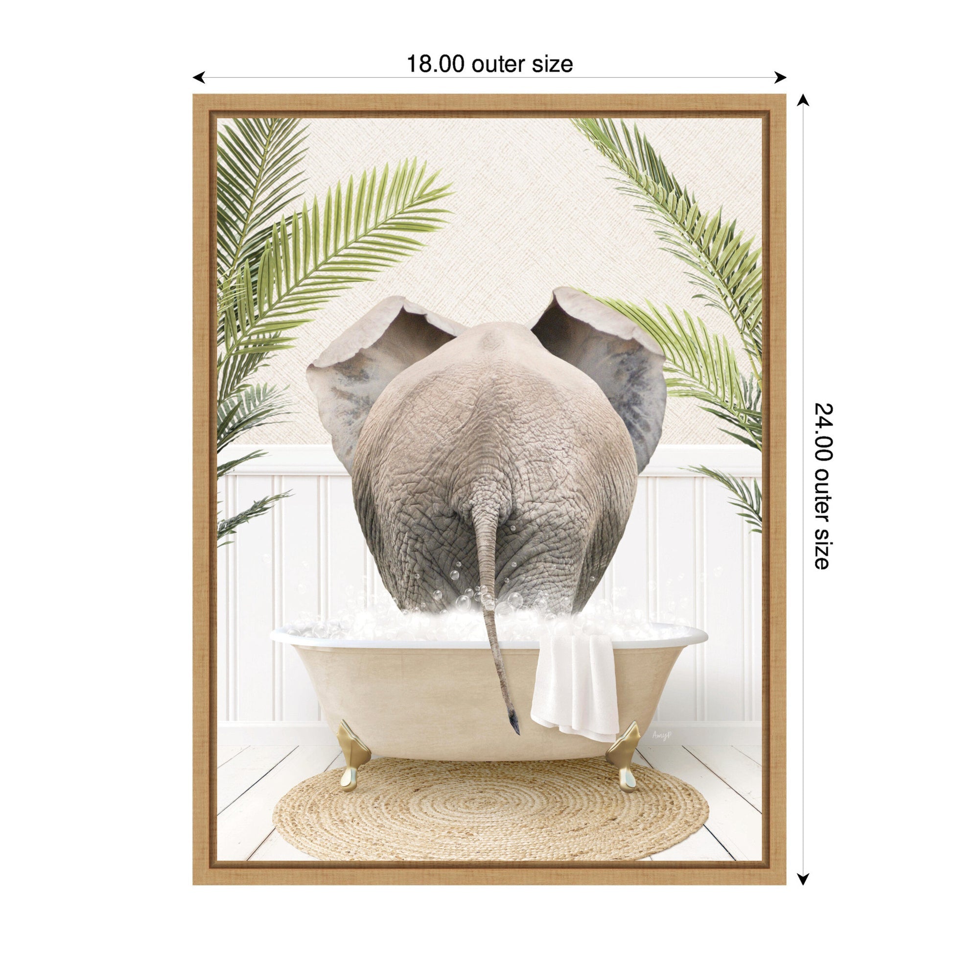 Sylvie Elephant Back in Palm Bathtub Framed Canvas by Amy Peterson