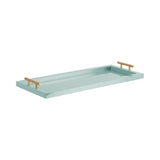 Rectangular light green tray with raised edges and two cylindrical gold handles on opposite short sides, shown at a slight angle on a white background.