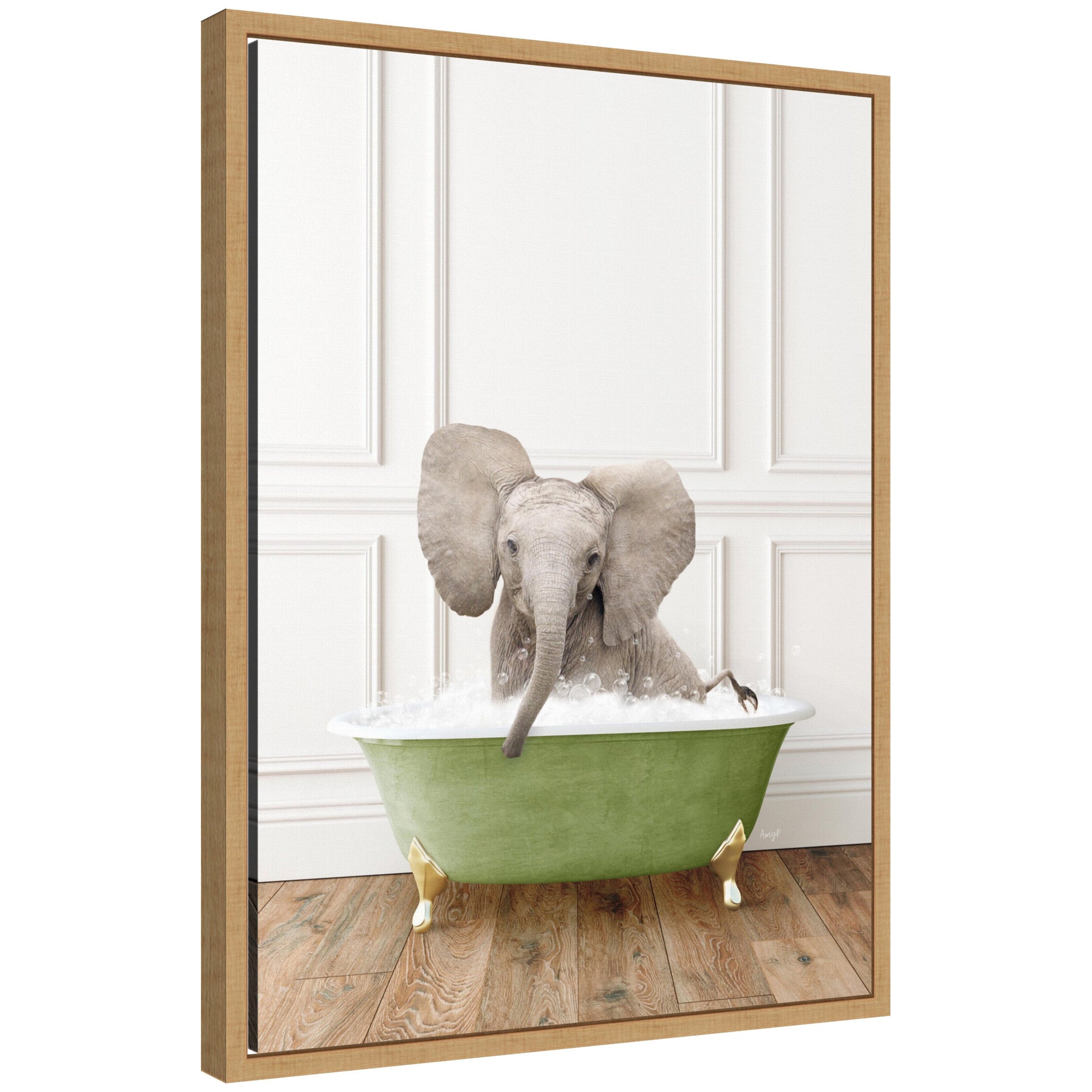 Sylvie Baby Elephant in a 4 inch transitional bathtub artwork on floating framed canvas by Amy Peterson