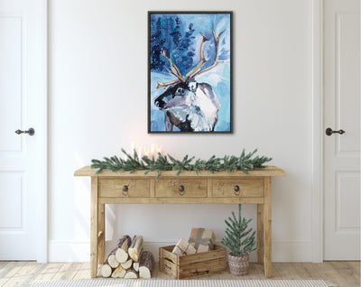 Sylvie Reindeer In Snow Framed Canvas by Rachel Christopoulos