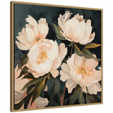 Painterly canvas featuring delicate pale pink and white peonies with green leaves against a dark, moody background in a detailed wooden frame.