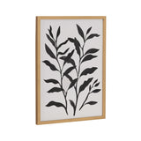 Framed black botanical silhouette with elongated leaves on white background, vertical rectangular shape, simple natural wood frame