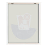 Minimalist artwork of an abstract old fashioned cocktail with ice cubes, cherry, and orange slice in soft pastel colors framed in white.
