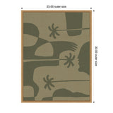 Abstract art with olive green shapes resembling human profiles and organic forms on a beige canvas, framed with a light wood border measuring 23 by 30 inches.