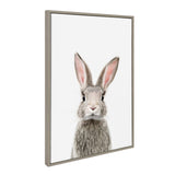 Framed canvas print of a young grey rabbit with large upright ears and pink inner ears against a white background, angled to show frame depth.