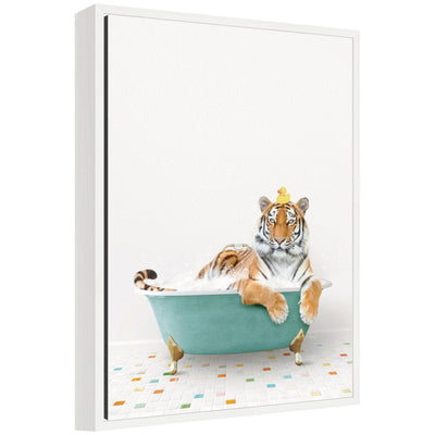 Sylvie Tiger in Teal Bathtub on Colored Tile Framed Canvas Art by Amy Peterson showing a tiger reclining in a teal bathtub surrounded by colored tiles