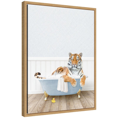 Sylvie Tiger in Cottage Blue Bathtub framed canvas art by Amy Peterson showing tiger seated in blue bathtub with floral background