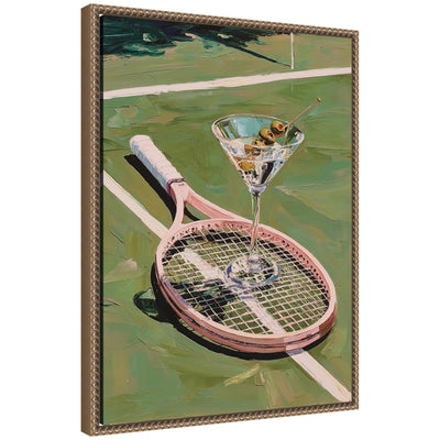 Framed canvas wall art showing a tennis court with a pink racket and martini glass with olives, set in a dark gold ornate frame