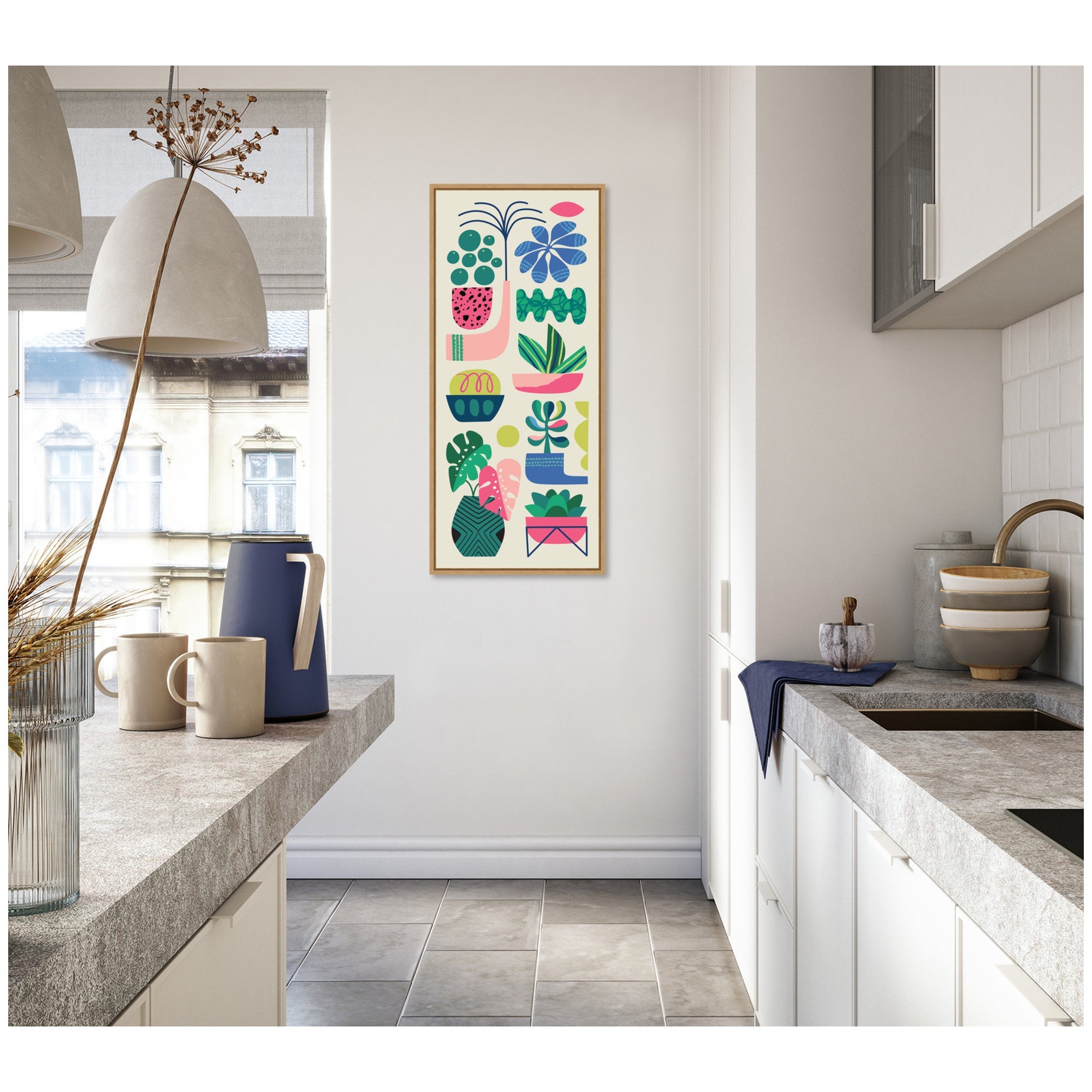 Sylvie Retro Bright Floral and Succulent Tall Narrow Framed Canvas by Rachel Lee
