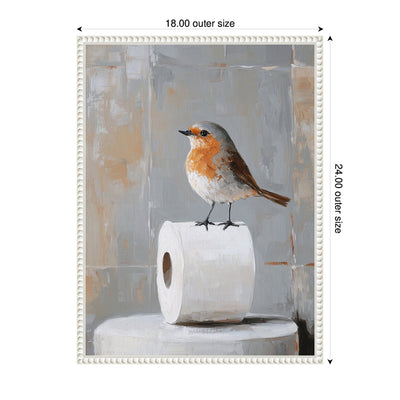 Sylvie Bird Standing on Toilet Paper Roll Toilet Bathroom Art Framed Canvas