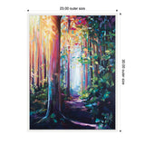 Colorful impressionist painting of a forest path with tall, slender trees in warm yellows and cool blues, framed in white with dimensions 23x30 inches.