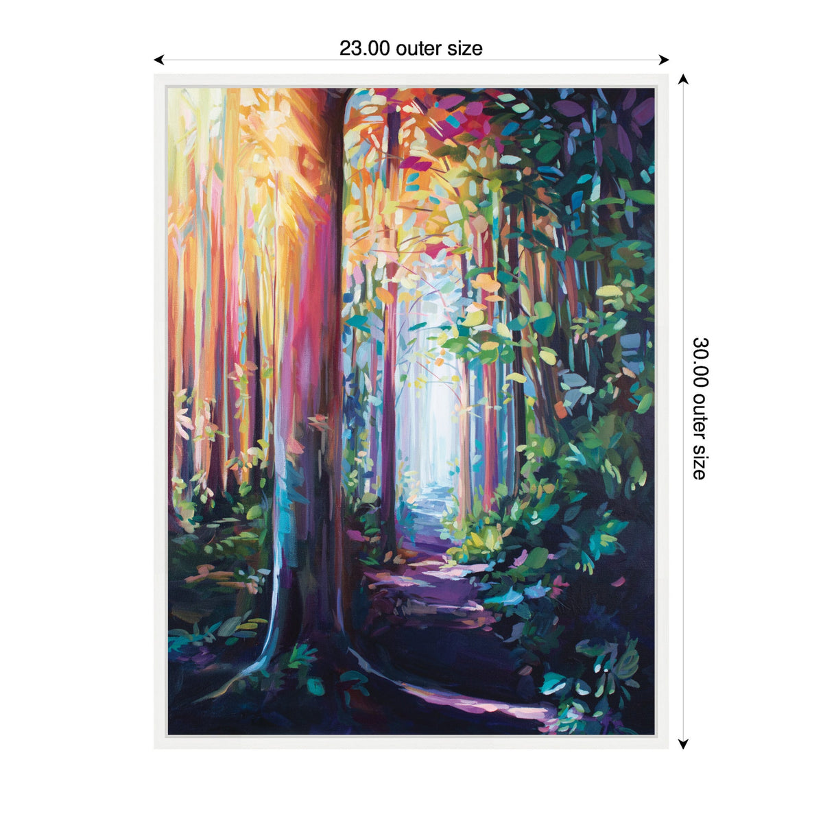 Colorful impressionist painting of a forest path with tall, slender trees in warm yellows and cool blues, framed in white with dimensions 23x30 inches.